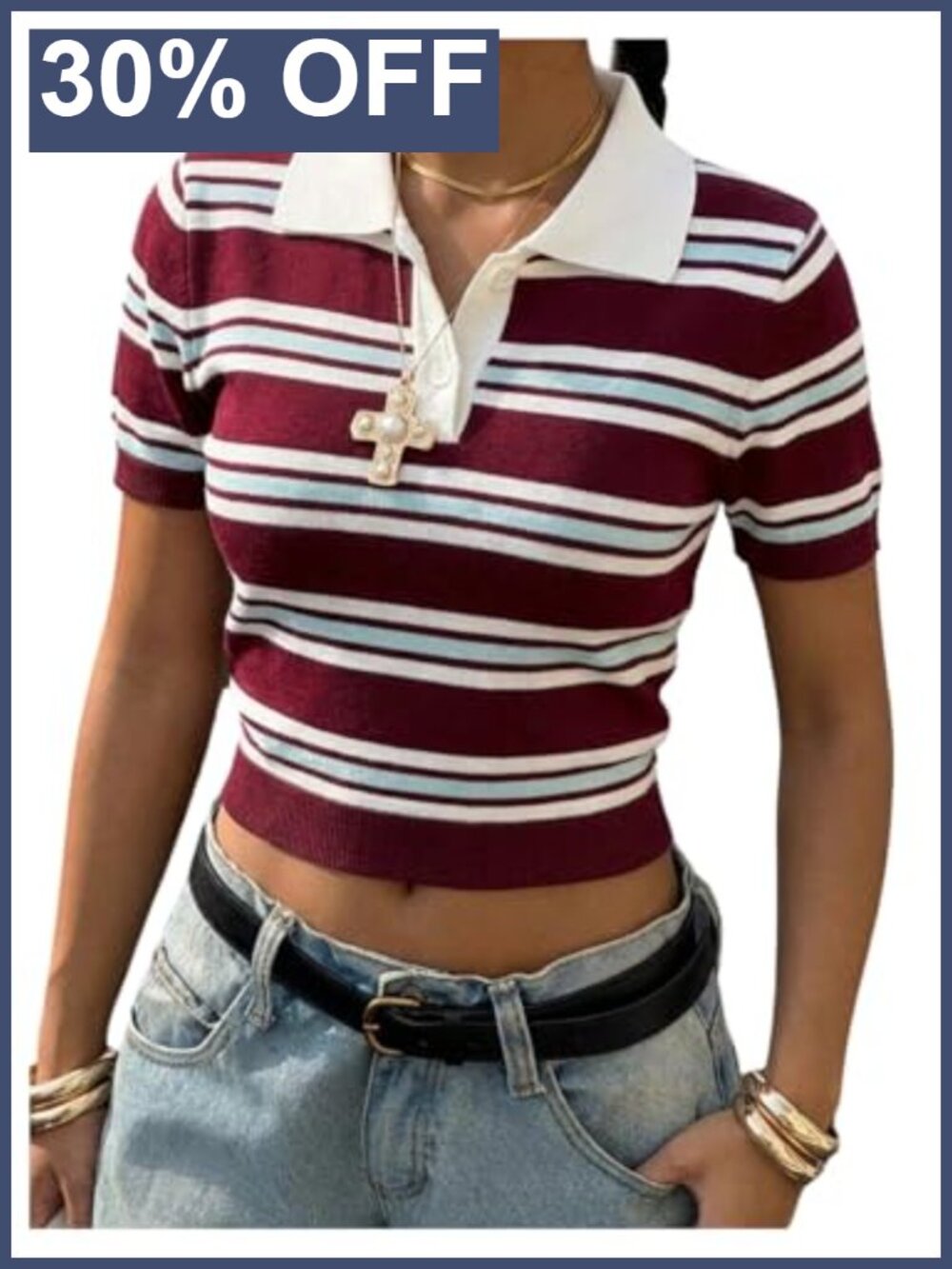 Viscose Blend Striped Collared Knit Crop Sweater Short Sleeve